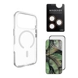 MAGEASY Bright M 不發黃軍規磁吸透明殼 iPhone 17 Pro(白磁圈) + 鏡頭保護貼Lenz(珊瑚) + Vetro 9H 鋼化玻璃保護膜
