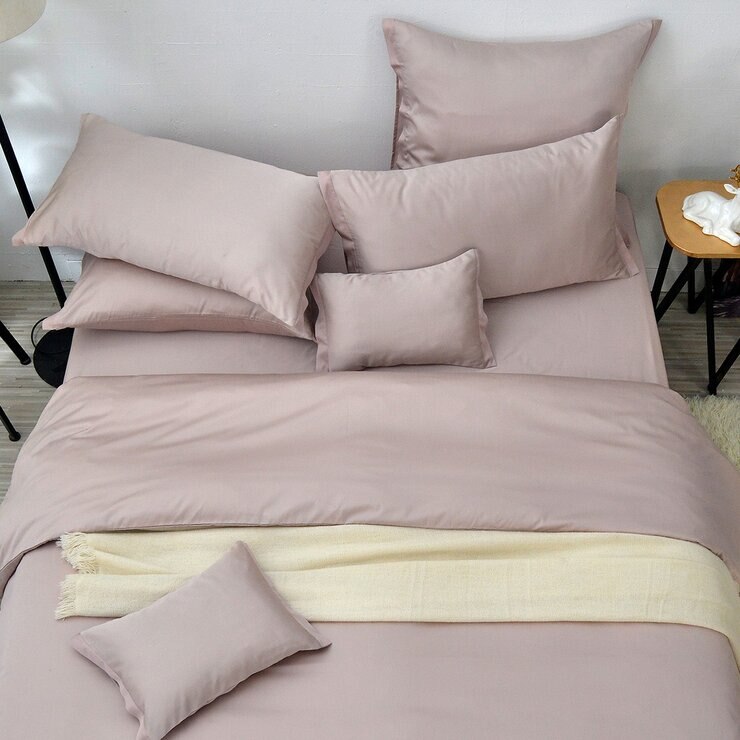 La Belle 雙人特大 300織天絲棉素色 被套床包四件組拼接款 粉