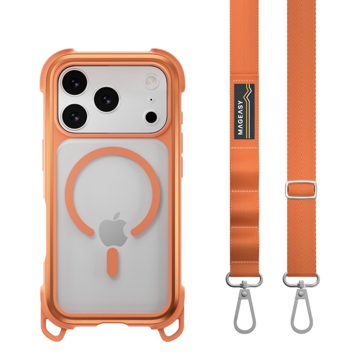 MAGEASY Odyssey Strap M 超軍規防摔掛繩手機殼 iPhone 17 Pro(珊瑚/魅力橘) + 鏡頭保護貼Lenz 鈦合金(鈦白) + Vetro 9H 鋼化玻璃保護膜