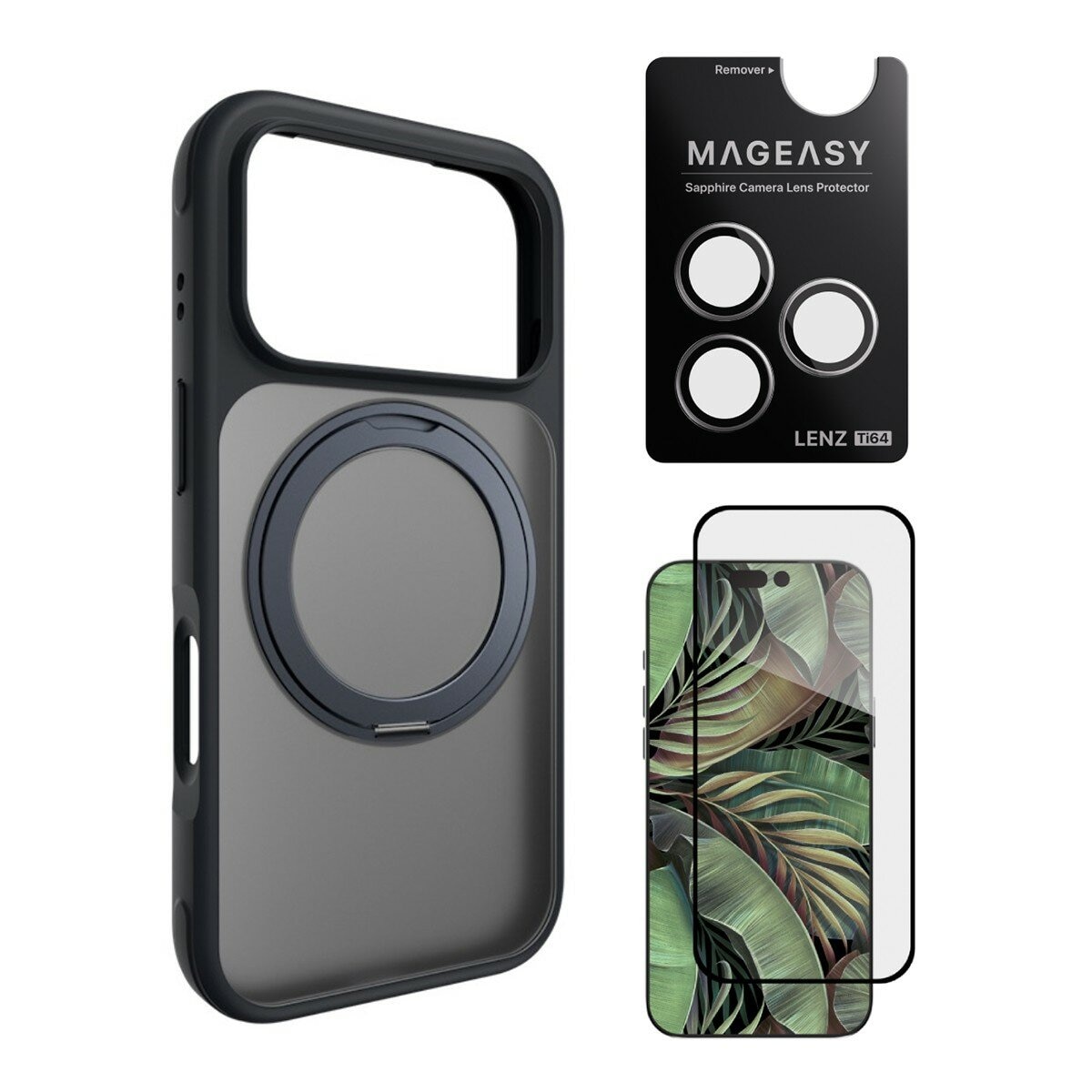 MAGEASY MagStand 360 M Magnetic Rotating Bracket Case iPhone 17 Pro (Midnight) + Pelindung Lensa Lenz Titanium (Titanium Putih) + Vetro 9H Tempered Glass Screen Protector