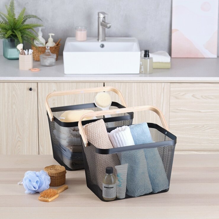 鐵網置物收納籃 木頭手把 2件組 黑