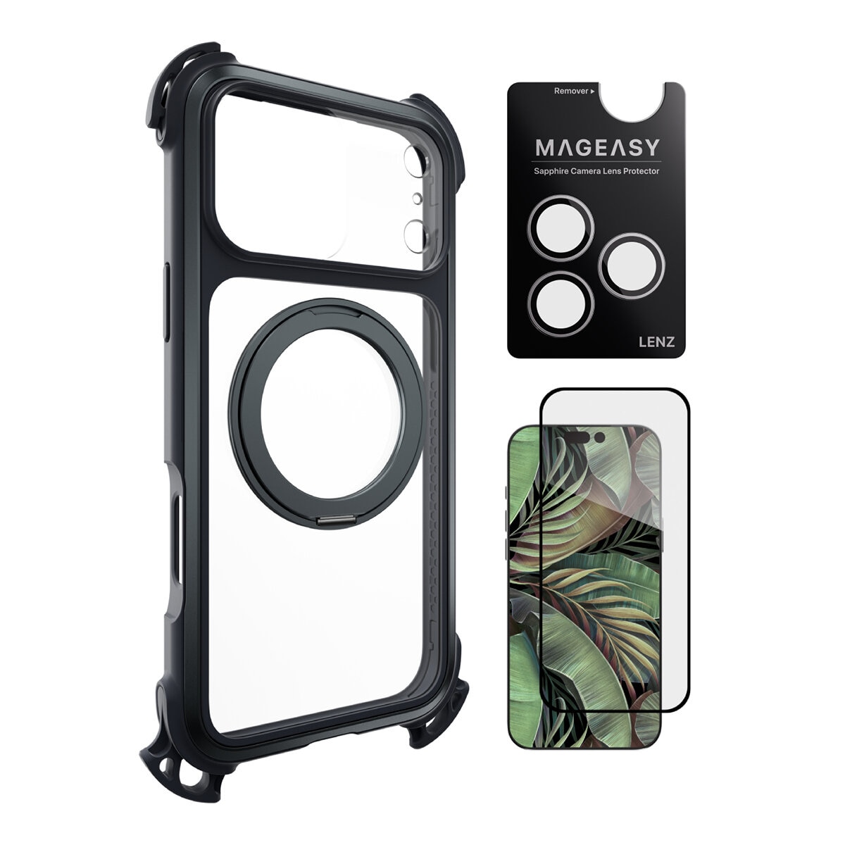 MAGEASY Odyssey Ultra M Ultimate Drop Protection Magnetic Stand Lanyard Case untuk iPhone 17 Pro Max (Midnight / Hitam) + Pelindung Lensa Lenz (Putih) + Pelindung Kaca Tempered Vetro 9H