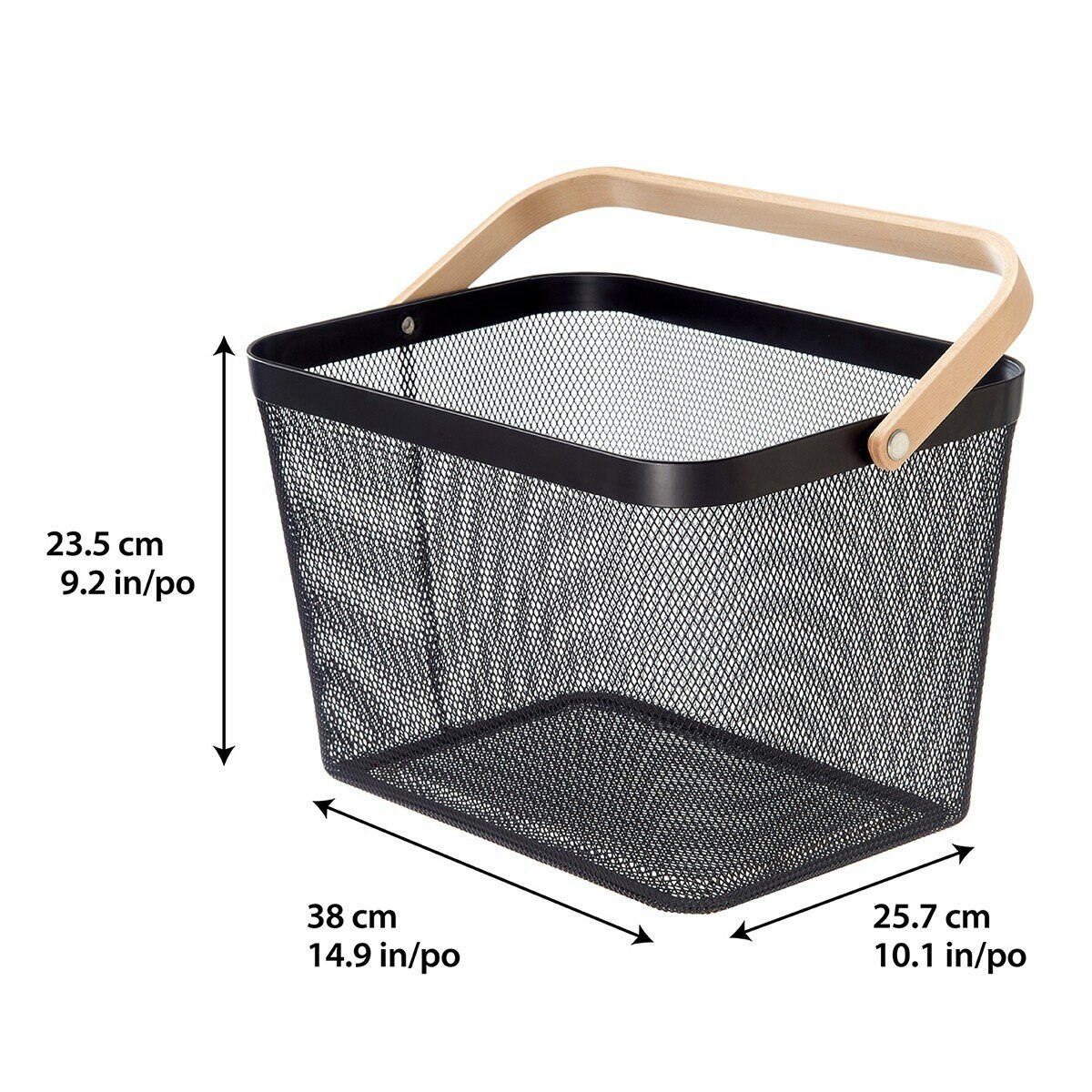 鐵網置物收納籃 木頭手把 2件組 黑