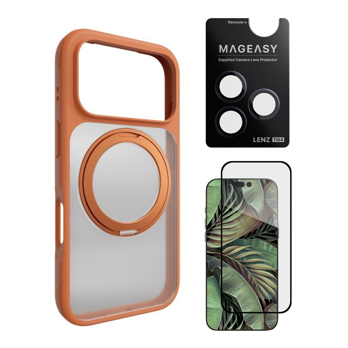 MAGEASY MagStand 360 M Magnetic Swivel Stand Drop Protection Case untuk iPhone 17 Pro (Coral) + Pelindung Lensa Lenz Titanium (Midnight Titanium) + Pelindung Kaca Tempered Vetro 9H
