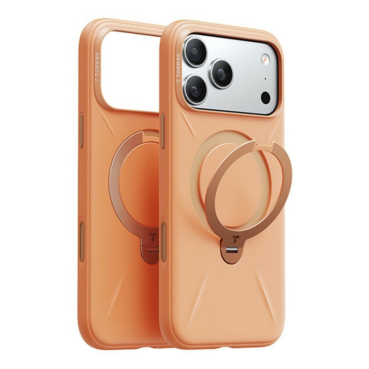 Torras Ostand Spin Silicone Magnetic 相機按鍵旋轉支架矽膠防摔手機殼 iPhone 17 Pro Max 琥珀橘 + Insta II Master 高清滿版螢幕鋼化玻璃保護貼