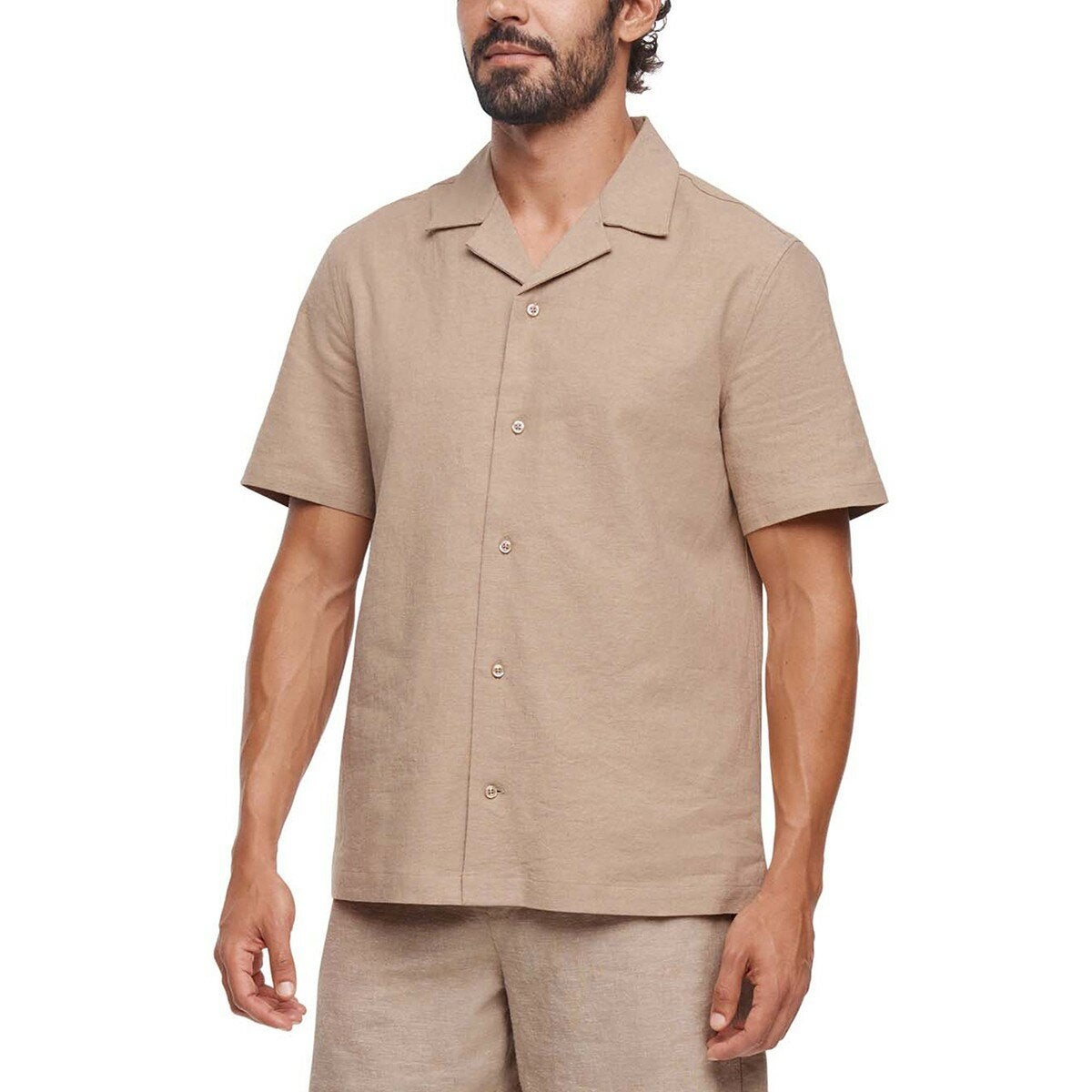 GAP 男麻棉短袖襯衫 卡其 XL