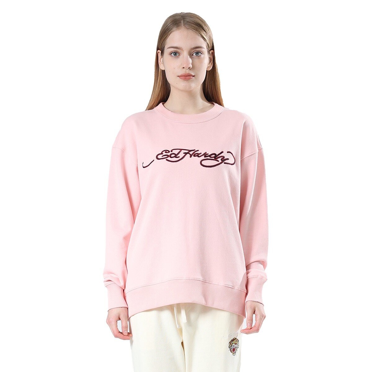Ed Hardy 女刺繡圓領長袖上衣