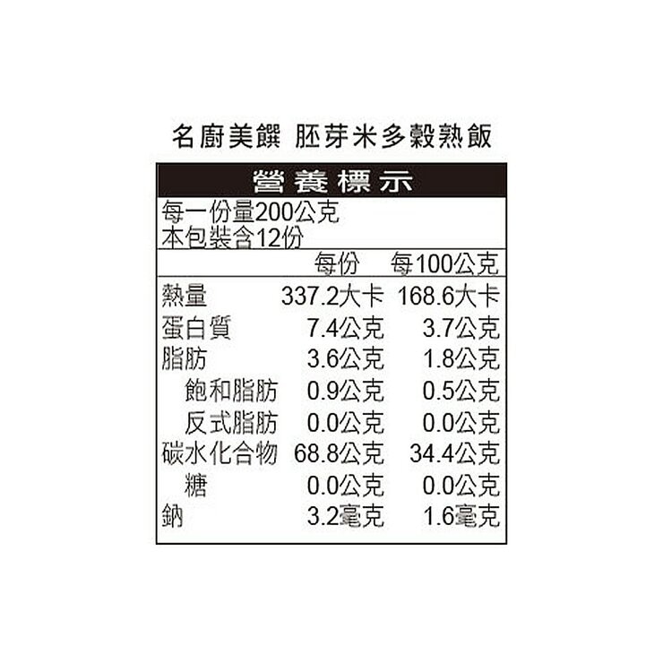 名廚美饌 冷凍胚芽米多穀熟飯 200公克 X 12包 X 2盒
