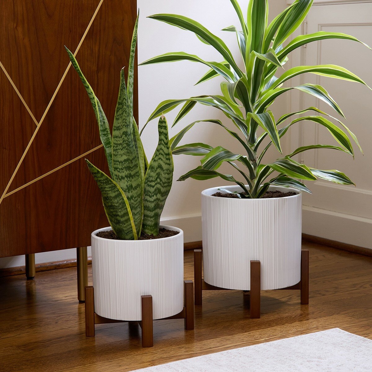 陶瓷花盆 2件組 附竹製盆架