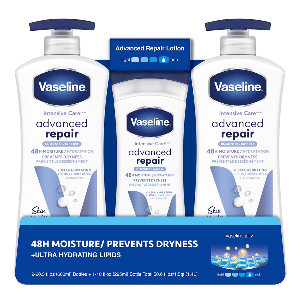 Vaseline 進口凡士林潤膚乳液 – 專業修護(白) (600毫升 X 2入 + 295毫升 X 1入)