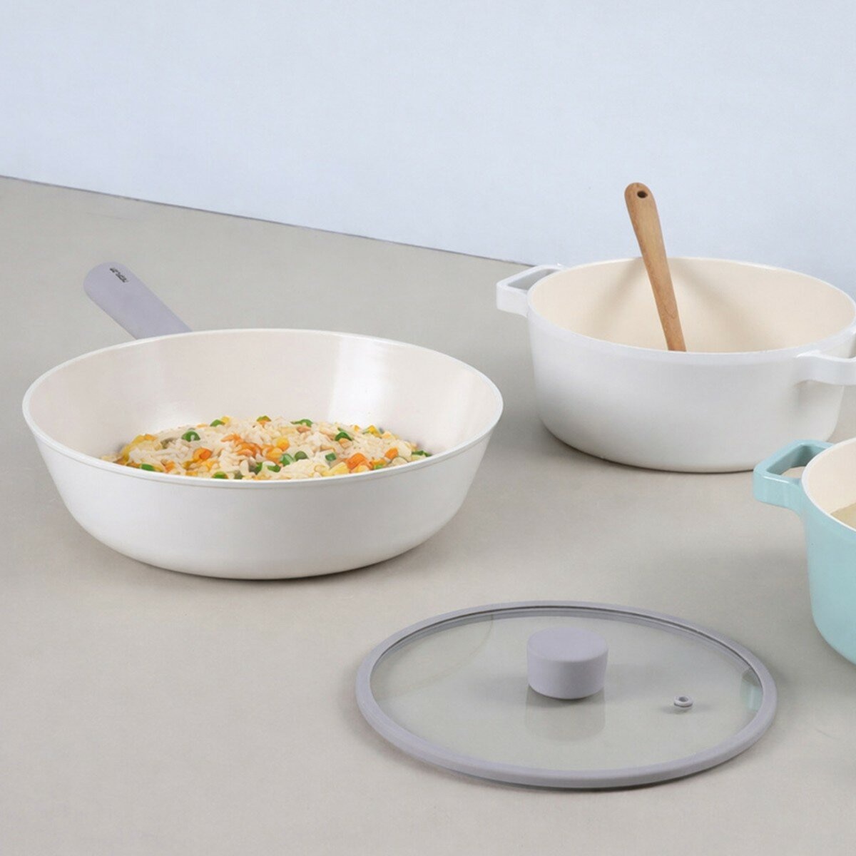 Neoflam 陶瓷不沾塗層鍋具 含玻璃上蓋 3件組 白