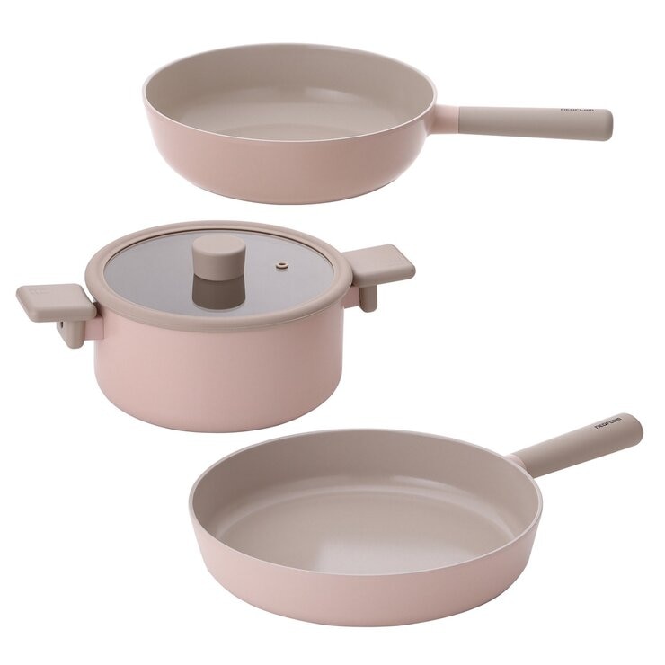 Neoflam 陶瓷不沾塗層鍋具 含玻璃上蓋 4件組 粉