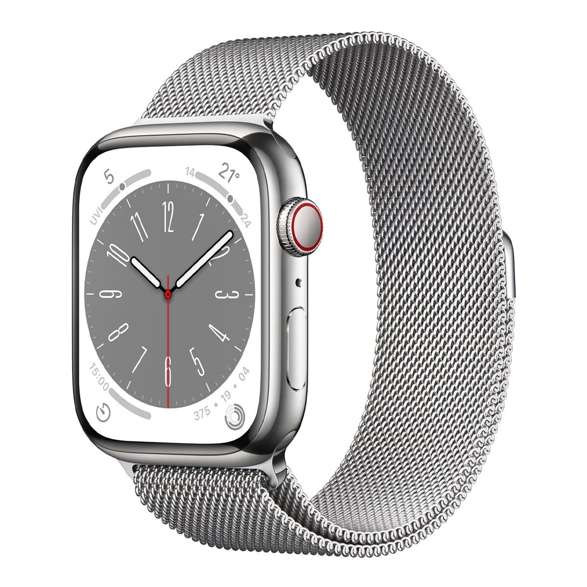 Apple Watch S8 (GPS + 行動網路) 45公釐銀色不鏽鋼錶殼銀色米蘭式錶環