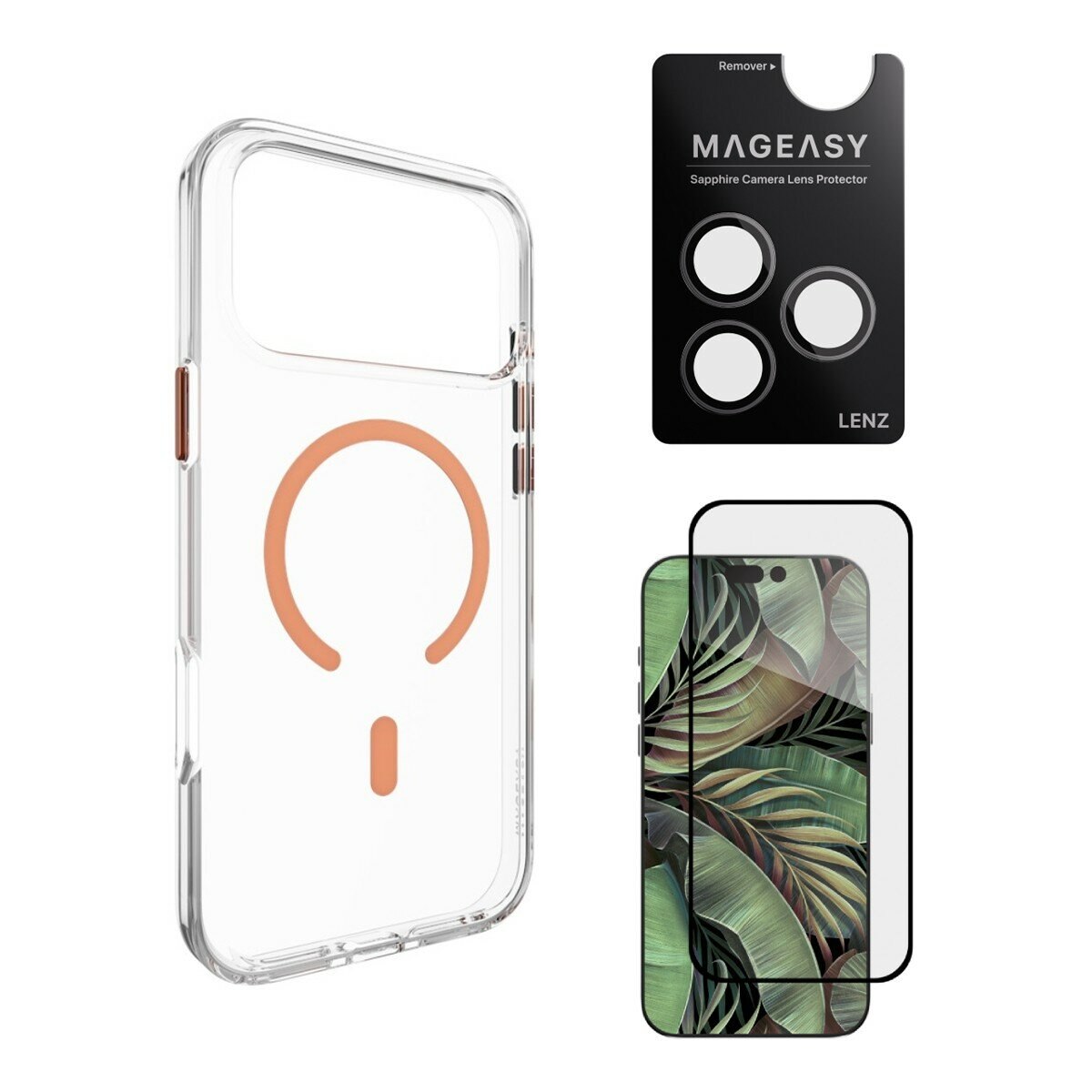 MAGEASY Bright M tidak kuning militer magnetik casing transparan iPhone 17 Pro (magnet coral) + pelindung lensa Lenz (mist) + pelindung kaca Vetro 9H