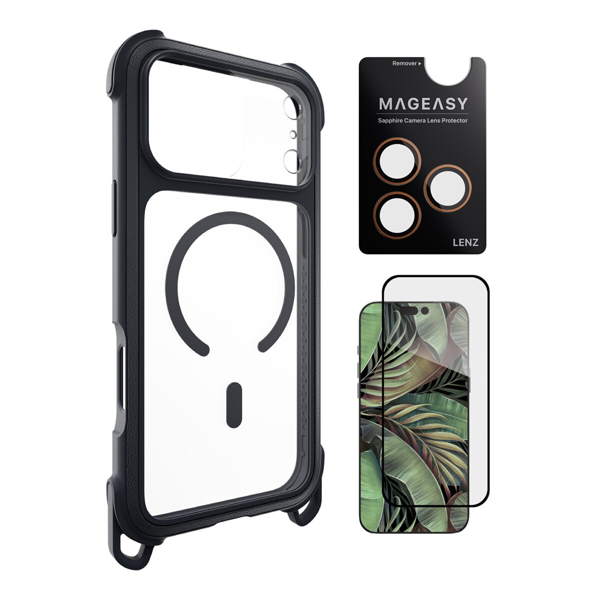 MAGEASY Odyssey Strap M Ultra Military Lanyard Case untuk iPhone 17 Pro Max (Leather Midnight/Calm Black) + Pelindung Lensa Lenz (Coral) + Pelindung Kaca Tempered Vetro 9H