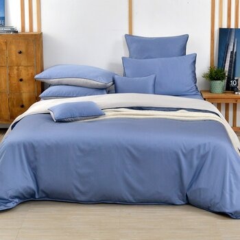 La Belle 雙人加大 300織天絲棉素色 被套床包四件組滾邊款 藍