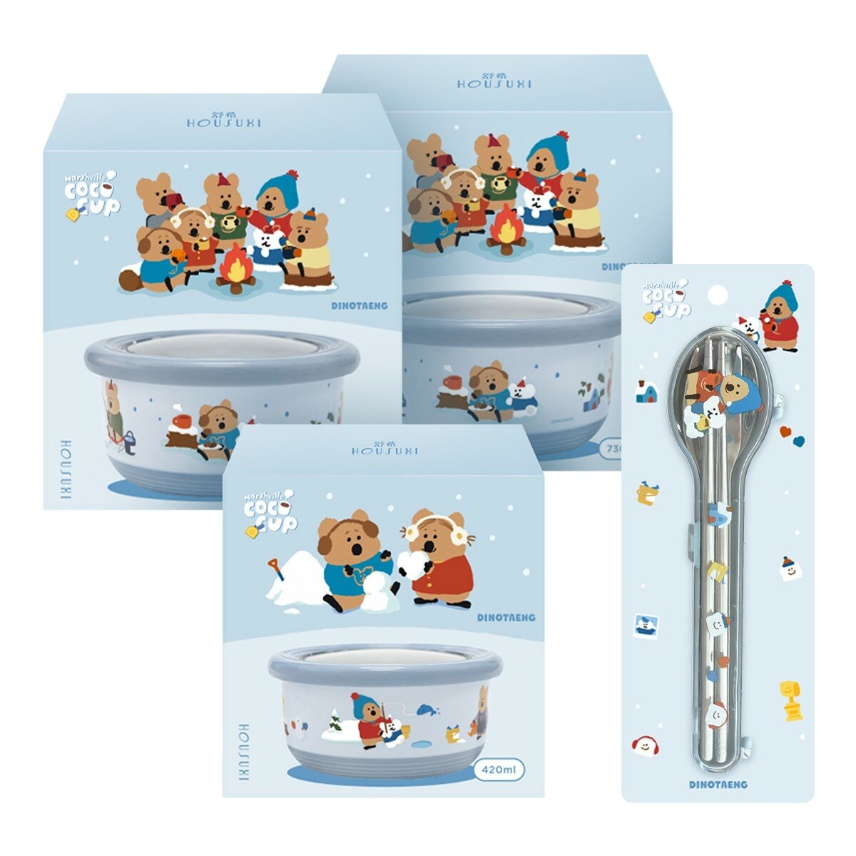 HOUSUXI 舒希 DINOTAENG 呆萌町 304不鏽鋼雙層隔熱碗 + 316不鏽鋼餐具 X 7件組 冬季