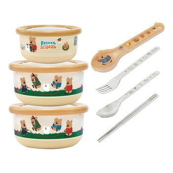 DINOTAENG 呆萌町 304不鏽鋼雙層隔熱碗 + 316不鏽鋼餐具 X 7件組