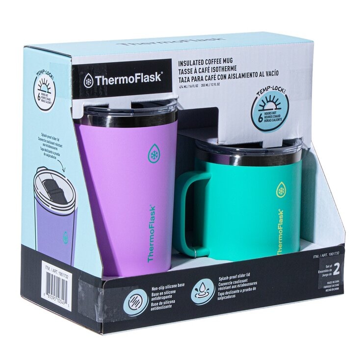 ThermoFlask 不鏽鋼保冷保溫馬克杯 474毫升 + 355毫升 紫 + 綠