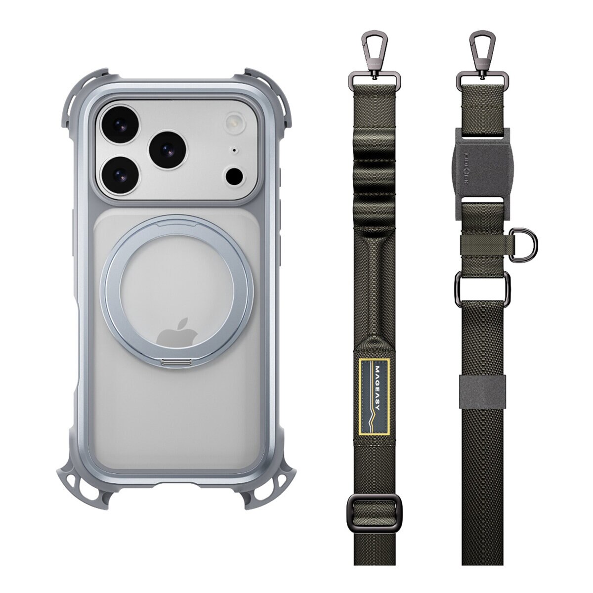 MAGEASY Odyssey Ultra M 終極防摔磁吸支架掛繩手機殼 iPhone 17 Pro(迷霧/岩石灰) + 鏡頭保護貼Lenz 鈦合金(午夜鈦) + Vetro 9H 鋼化玻璃保護膜