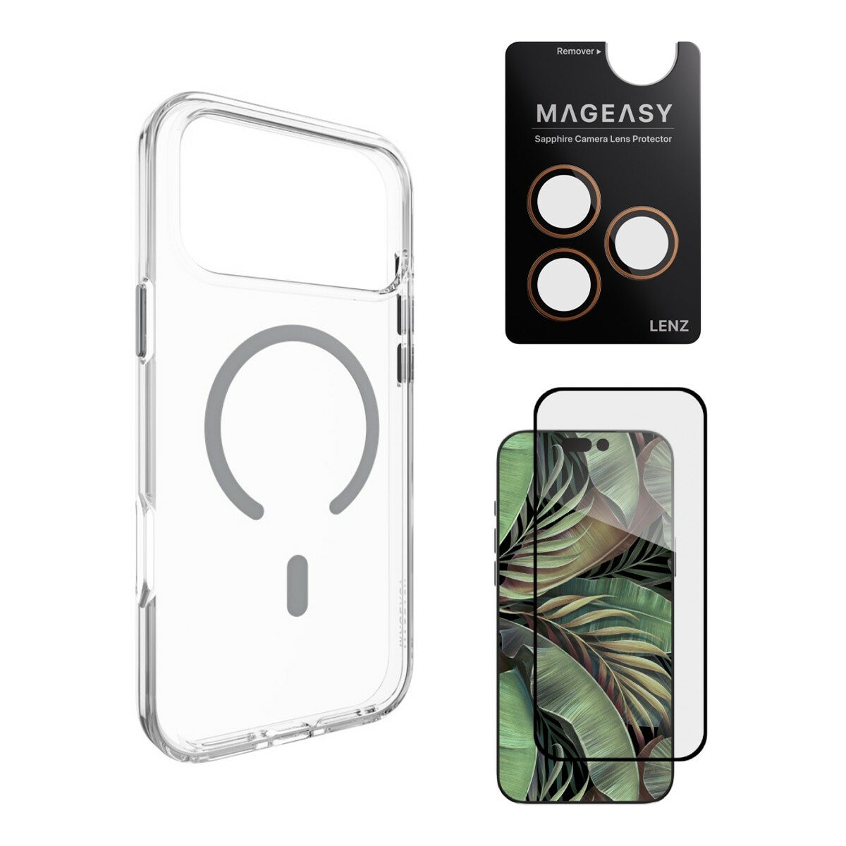 MAGEASY Bright M Tidak Kuning Magnetik Clear Case iPhone 17 Pro Max (Misty Circle) + Lensa Pelindung Lenz (Coral) + Vetro 9H Tempered Glass Screen Protector