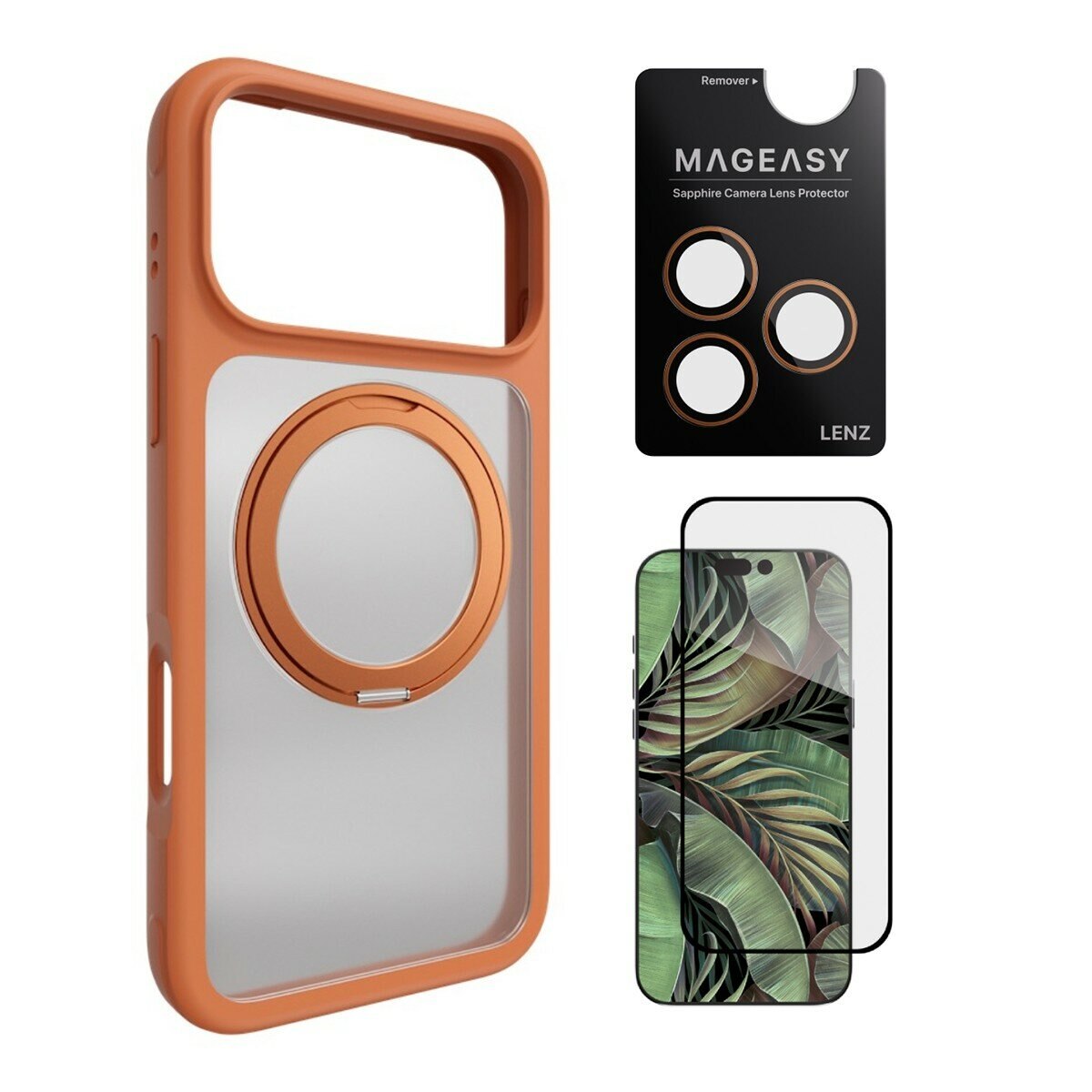 MAGEASY MagStand 360 M Casing Anti Jatuh Dudukan Putar Magnetik untuk iPhone 17 Pro Max (Coral) + Pelindung Lensa Lenz (Coral) + Pelindung Kaca Tempered Vetro 9H