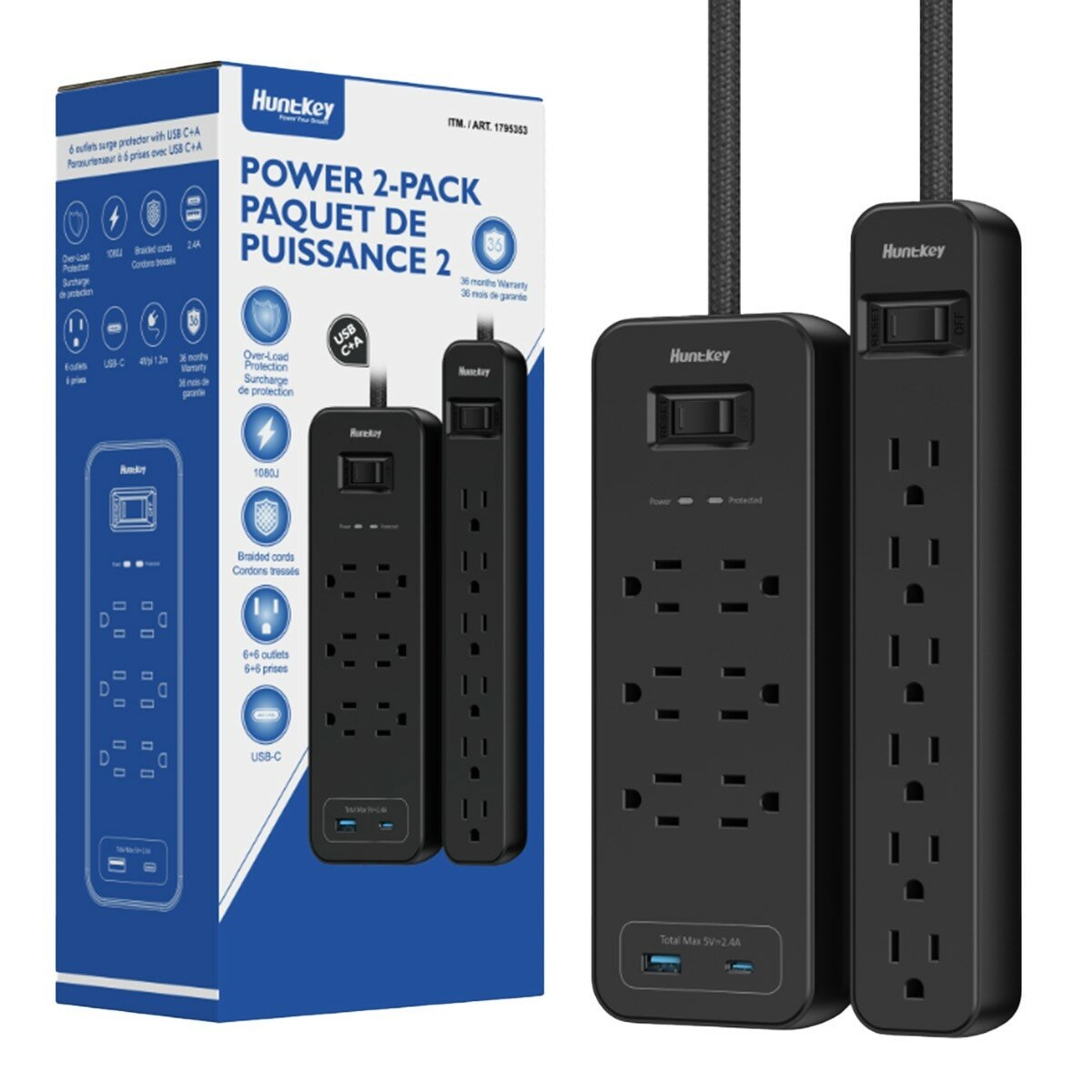 Huntkey 防突波 1開6插3孔 TYPE A+C 延長線 2入組 Huntkey 防突波 1開6插3孔 TYPE A+C 延長線 2入組
