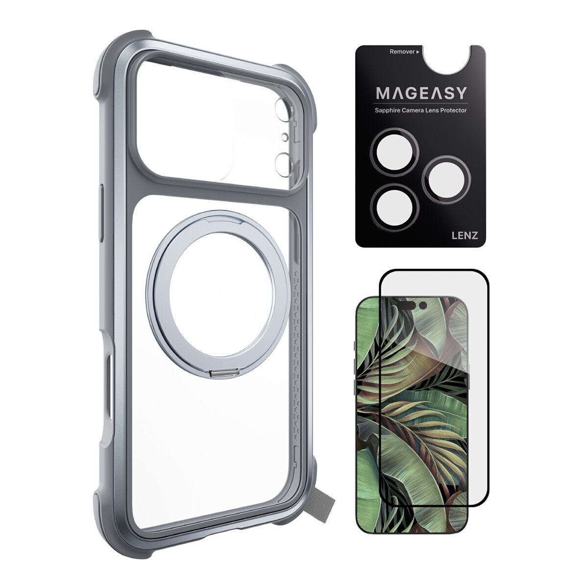 MAGEASY Odyssey Stand M Ultra Military Drop Protection Casing Ponsel Berdiri Magnetik iPhone 17 Pro Max (Berkabut) + Pelindung Lensa Lenz (Berkabut) + Pelindung Kaca Tempered Vetro 9H