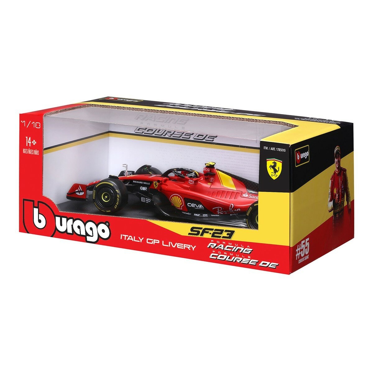 Bburago 1:18 賽車模型 Ferrari SF-23 (#55 Carlos Sainz , 含頭盔) 義大利大獎賽蒙扎塗裝版 消光紅 / 14歲以上 Bburago 1:18 賽車模型 Ferrari SF-23 (#55 Carlos Sainz , 含頭盔) 義大利大獎賽蒙扎塗裝版 消光紅 / 14歲以上