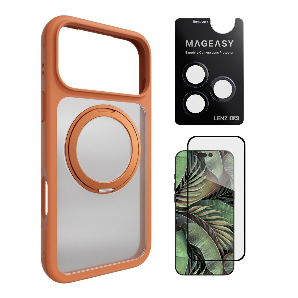 MAGEASY MagStand 360 M 磁吸旋轉支架防摔手機殼 iPhone 17 Pro Max(珊瑚) + 鏡頭保護貼Lenz 鈦合金(午夜鈦) + Vetro 9H 鋼化玻璃保護膜