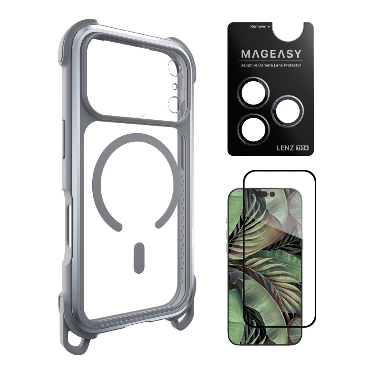 MAGEASY Odyssey Strap M Ultra Military Lanyard Case untuk iPhone 17 Pro (Misty/Grey) + Pelindung Lensa Lenz Titanium + Pelindung Kaca Tempered Vetro 9H