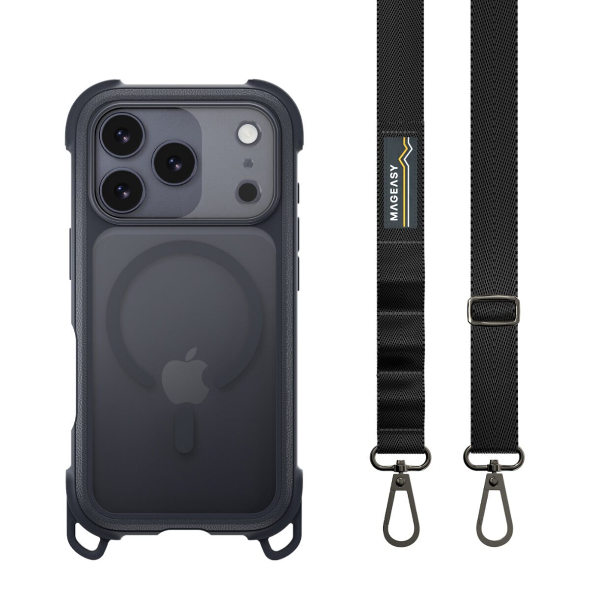 MAGEASY Odyssey Strap M 超軍規防摔掛繩手機殼 iPhone 17 Pro(皮革午夜/沉穩黑) + 鏡頭保護貼Lenz(珊瑚) + Vetro 9H 鋼化玻璃保護膜