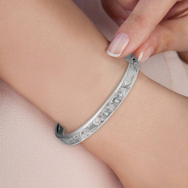 Honolulu Jewelry 14K白K金 雕花手鐲 - 1647403