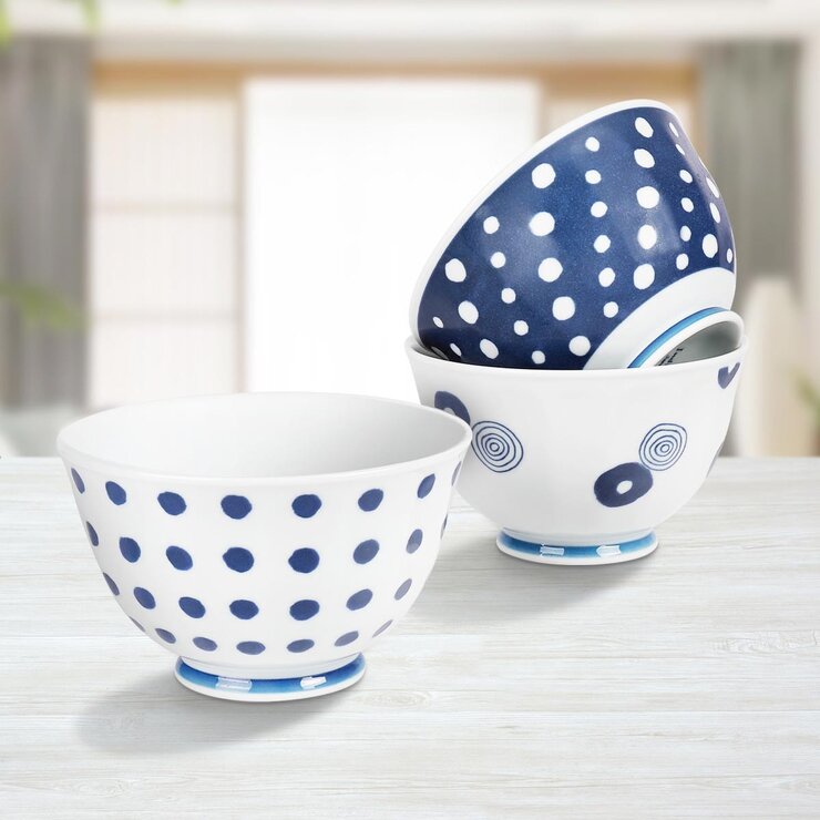 西海輕量波佐見燒藍丸紋湯麵碗 X 3件組