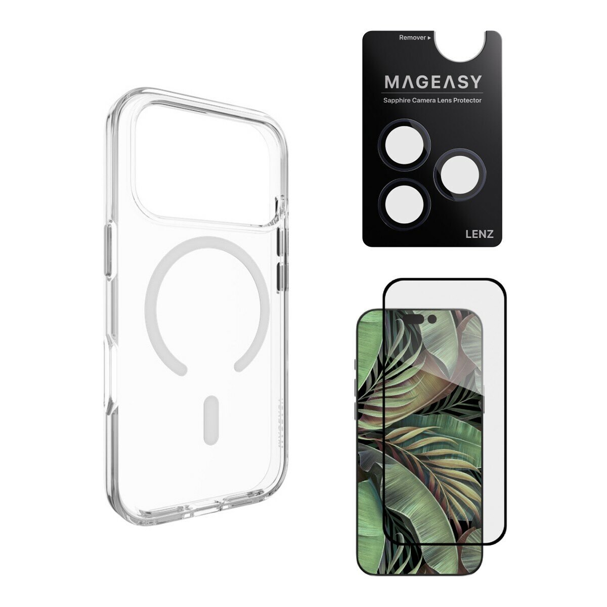 MAGEASY Bright M 不發黃軍規磁吸透明殼 iPhone 17 Pro(白磁圈) + 鏡頭保護貼Lenz(午夜) + Vetro 9H 鋼化玻璃保護膜