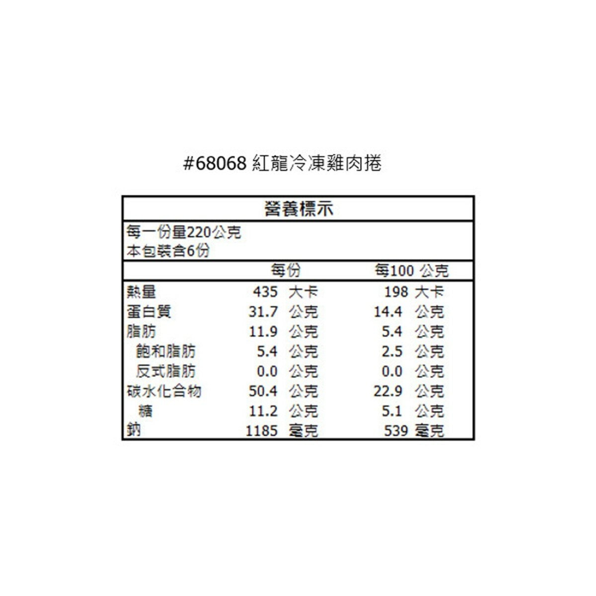 紅龍 冷凍雞肉捲 220公克 X 6入