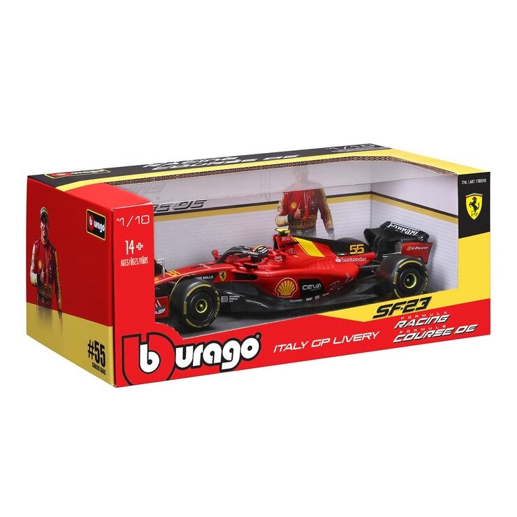 Bburago 1:18 賽車模型 Ferrari SF-23 (#55 Carlos Sainz , 含頭盔) 義大利大獎賽蒙扎塗裝版 消光紅 / 14歲以上 Bburago 1:18 賽車模型 Ferrari SF-23 (#55 Carlos Sainz , 含頭盔) 義大利大獎賽蒙扎塗裝版 消光紅 / 14歲以上