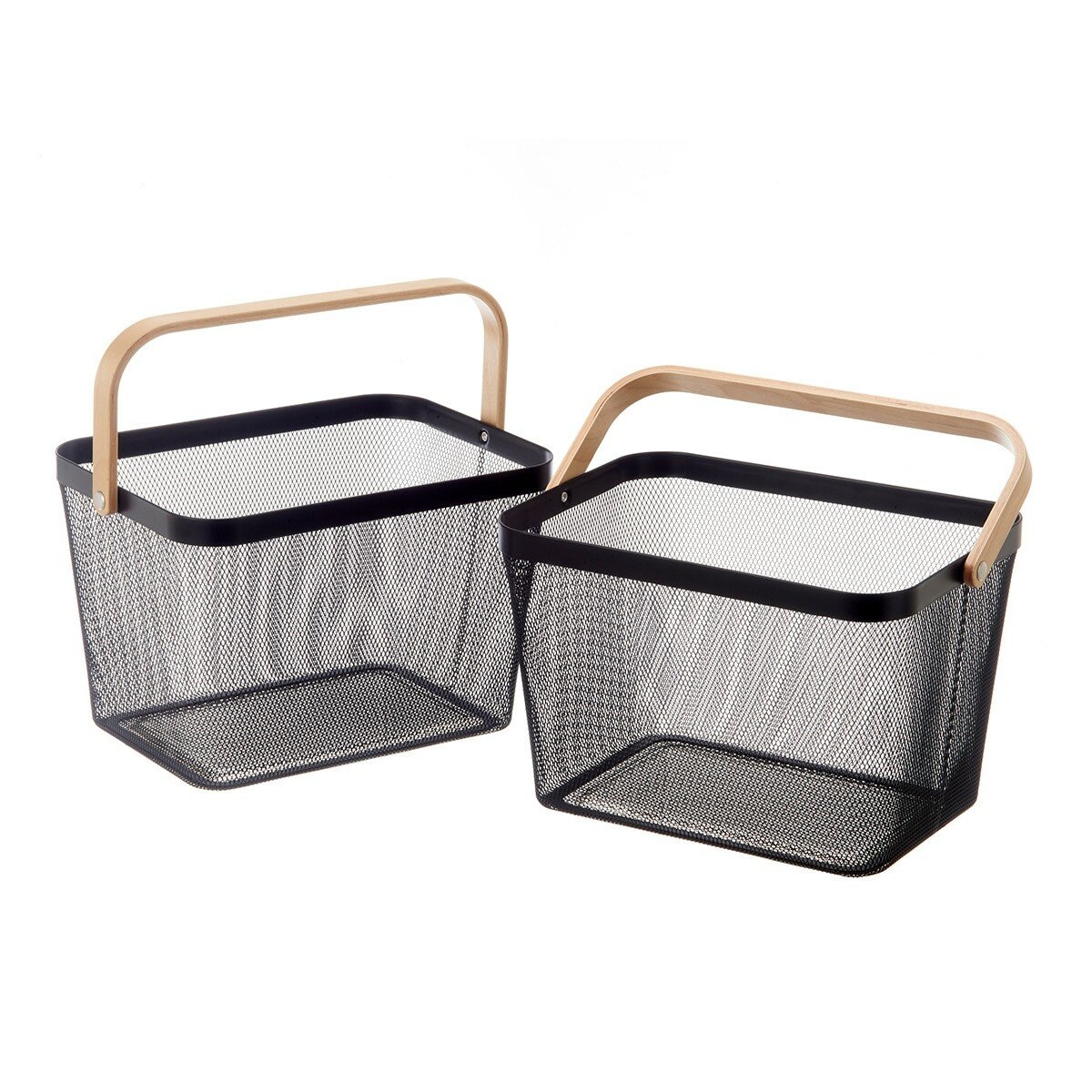 鐵網置物收納籃 木頭手把 2件組 黑