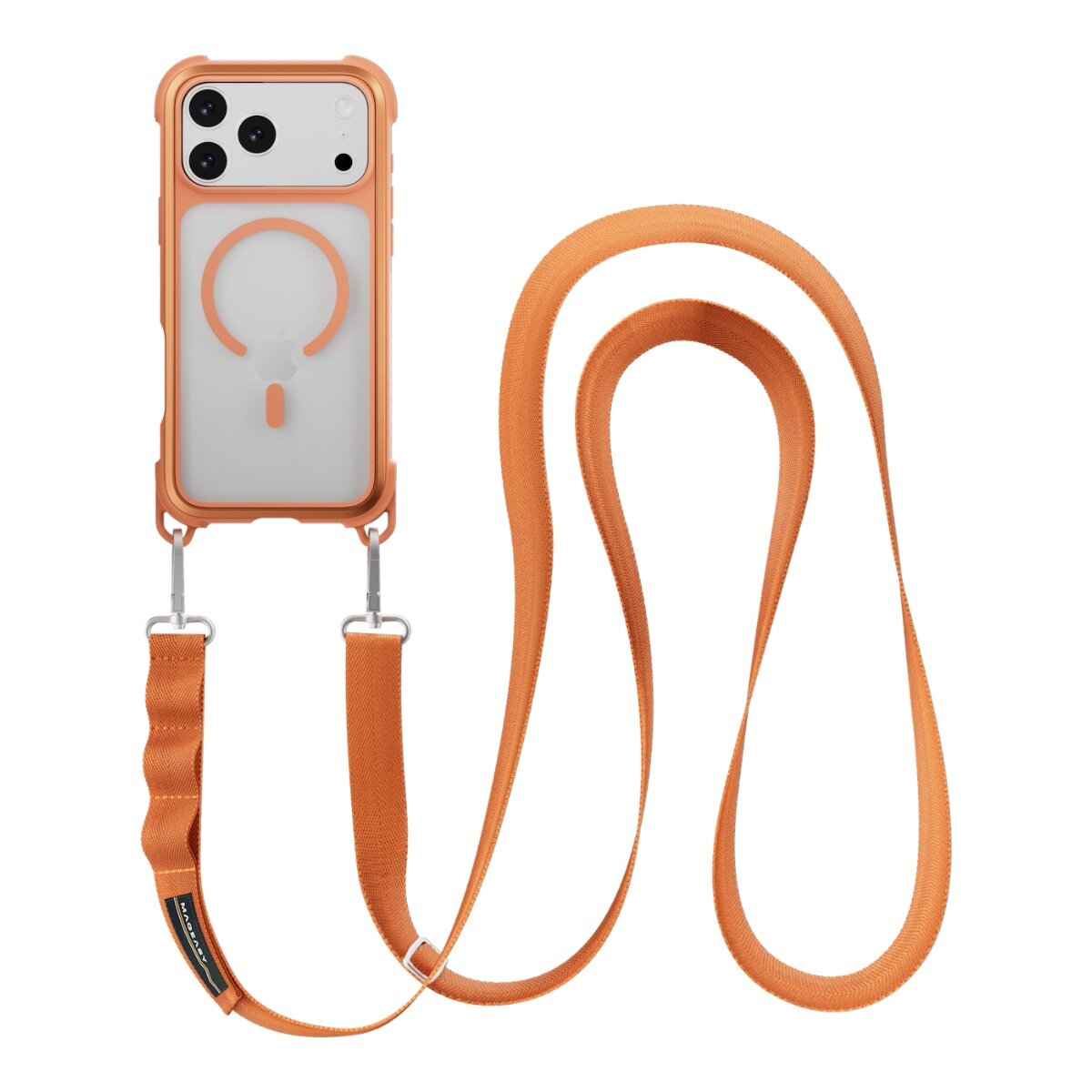 MAGEASY Odyssey Strap M 超軍規防摔掛繩手機殼 iPhone 17 Pro Max(珊瑚/魅力橘) + 鏡頭保護貼Lenz 鈦合金(午夜鈦) + Vetro 9H 鋼化玻璃保護膜