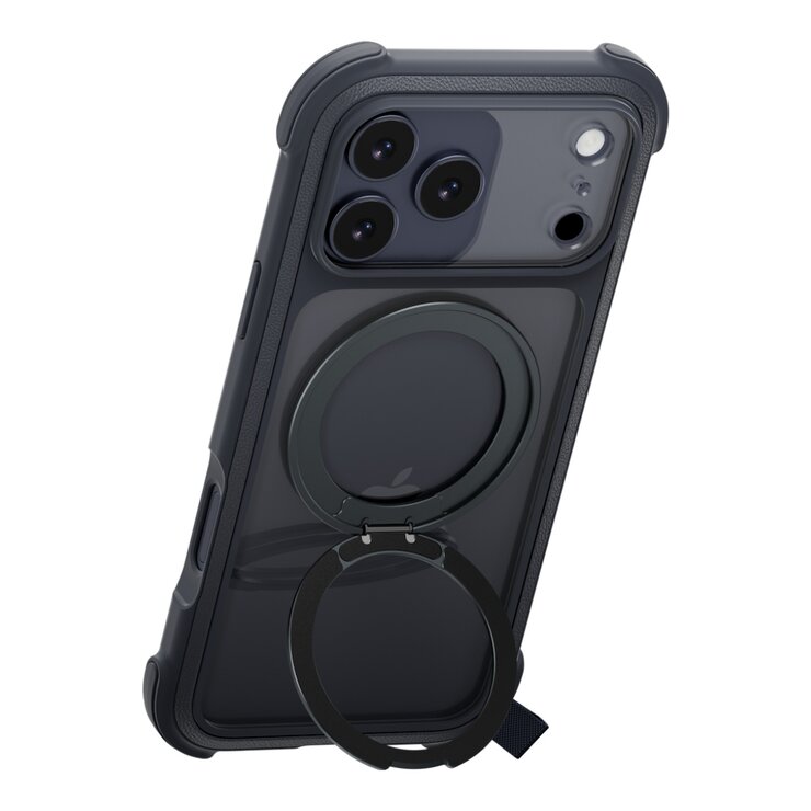MAGEASY Odyssey Stand M 超軍規防摔磁吸支架手機殼 iPhone 17 Pro Max(皮革午夜) + 鏡頭保護貼Lenz(白色) + Vetro 9H 鋼化玻璃保護膜