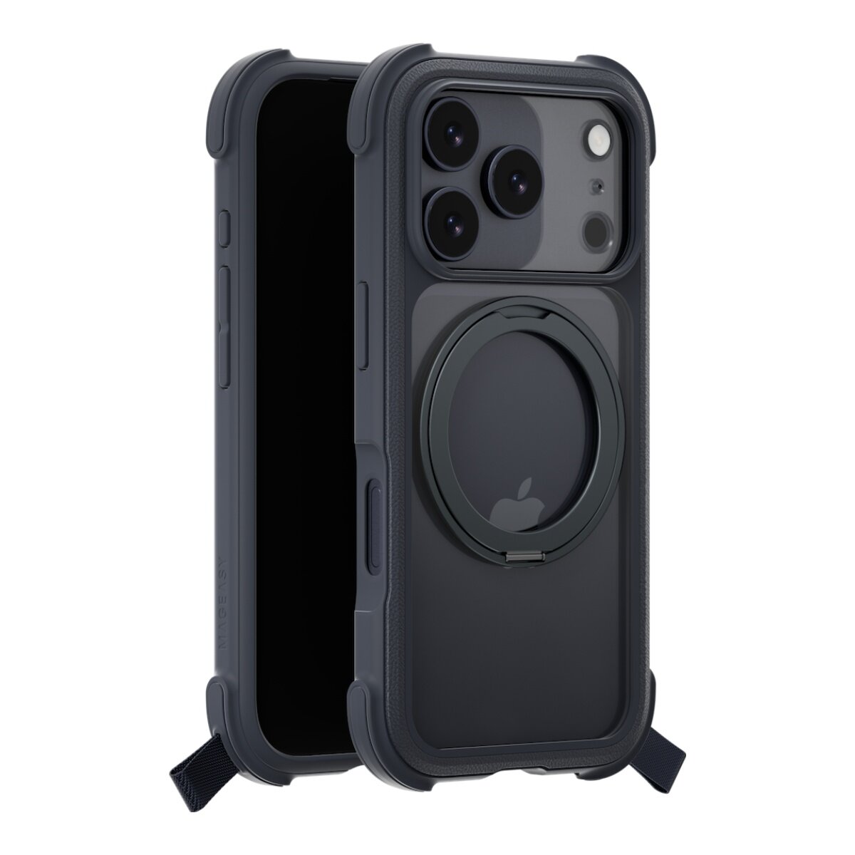 MAGEASY Odyssey Stand M 超軍規防摔磁吸支架手機殼 iPhone 17 Pro(皮革午夜) + 鏡頭保護貼Lenz(珊瑚) + Vetro 9H 鋼化玻璃保護膜