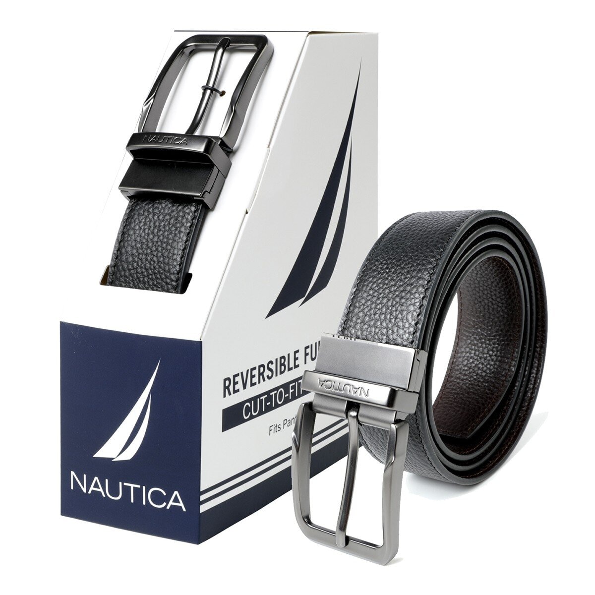 Nautica 男真皮可翻轉皮帶 黑色