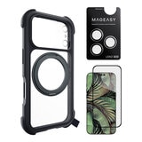 MAGEASY Odyssey Stand M 超軍規防摔磁吸支架手機殼 iPhone 17 Pro(皮革午夜) + 鏡頭保護貼Lenz 鈦合金(鈦白) + Vetro 9H 鋼化玻璃保護膜