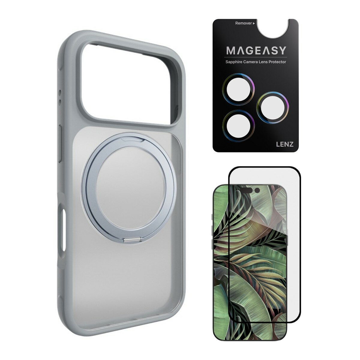 MAGEASY MagStand 360 M Casing Pelindung Jatuh Dudukan Putar Magnetik untuk iPhone 17 Pro (Berkabut) + Pelindung Lensa Lenz (Dazzle) + Pelindung Kaca Tempered Vetro 9H