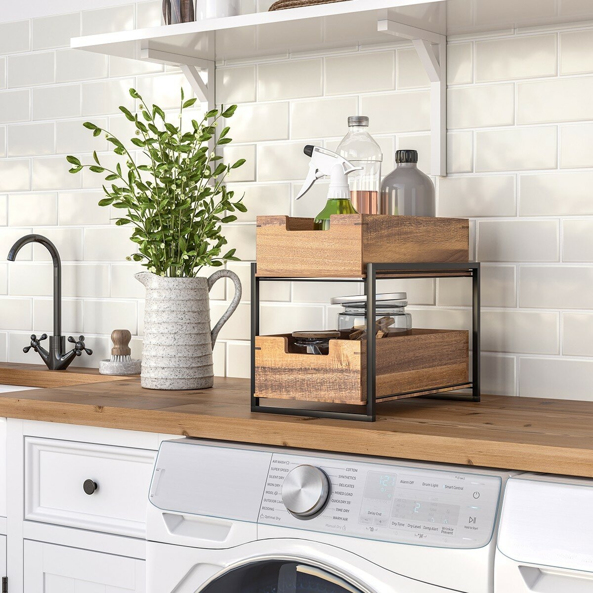 Seville Classics 雙層木製抽屜式置物籃架