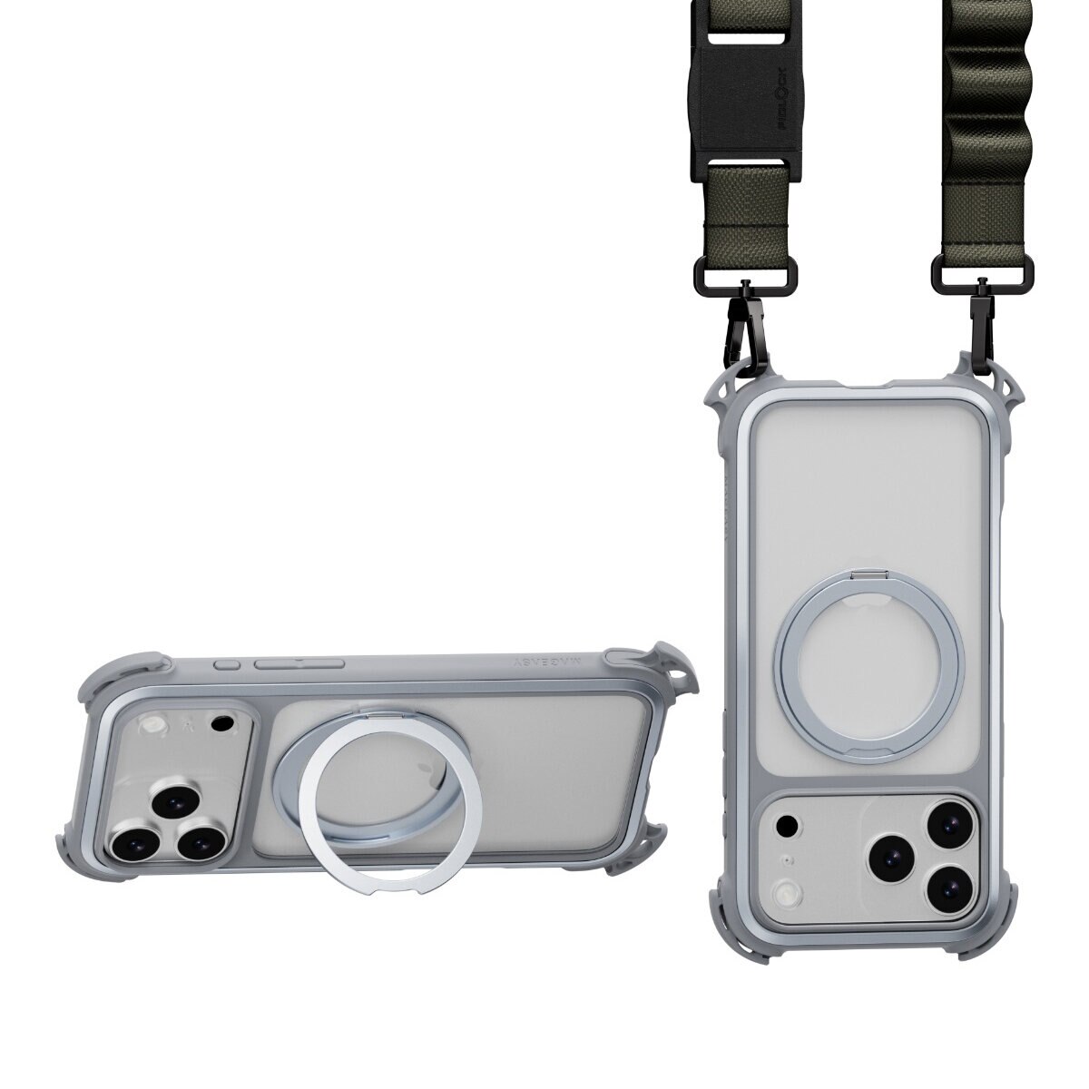 MAGEASY Odyssey Ultra M 終極防摔磁吸支架掛繩手機殼 iPhone 17 Pro Max(迷霧/岩石灰) + 鏡頭保護貼Lenz(珊瑚) + Vetro 9H 鋼化玻璃保護膜
