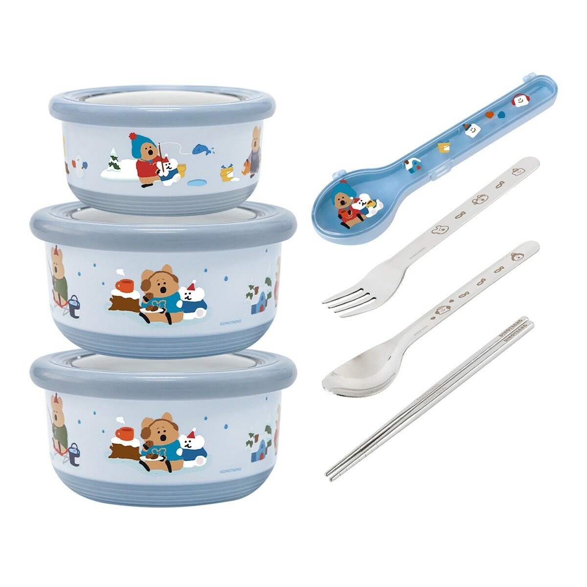 HOUSUXI 舒希 DINOTAENG 呆萌町 304不鏽鋼雙層隔熱碗 + 316不鏽鋼餐具 X 7件組 冬季