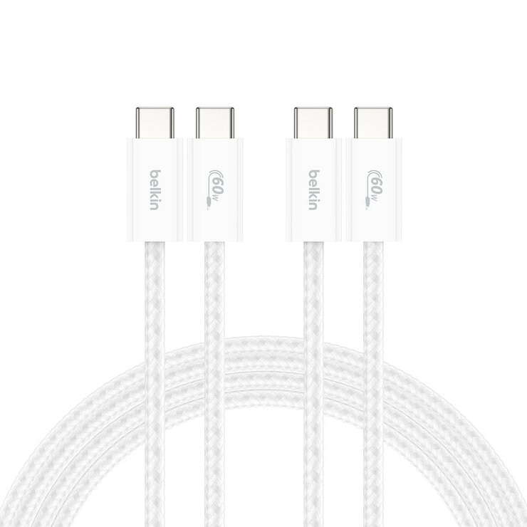 Belkin BoostCharge USB-C to USB-C 編織連接線 (60W 1.5米) 2入組 白 + Belkin BoostCharge Pro 雙USB-C 氮化鎵 充電器 (65W PPS) 2入組 迪士尼系列