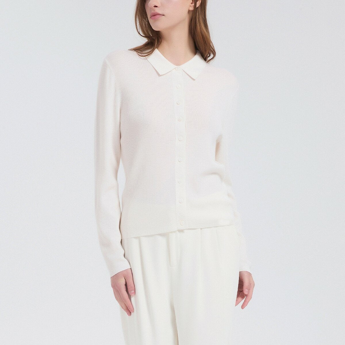 Brush Finch 女長袖羊絨Polo衫 白