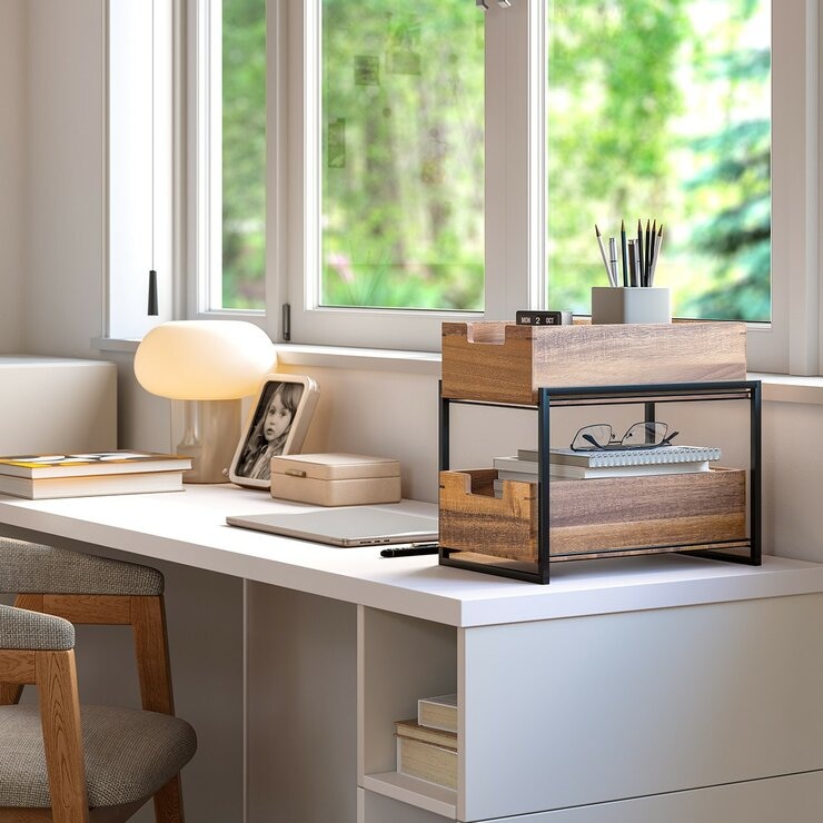 Seville Classics 雙層木製抽屜式置物籃架